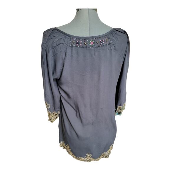 Krista Lee Embroidered Beaded Tunic Dress Size Medium Gray Floral - Picture 3 of 6